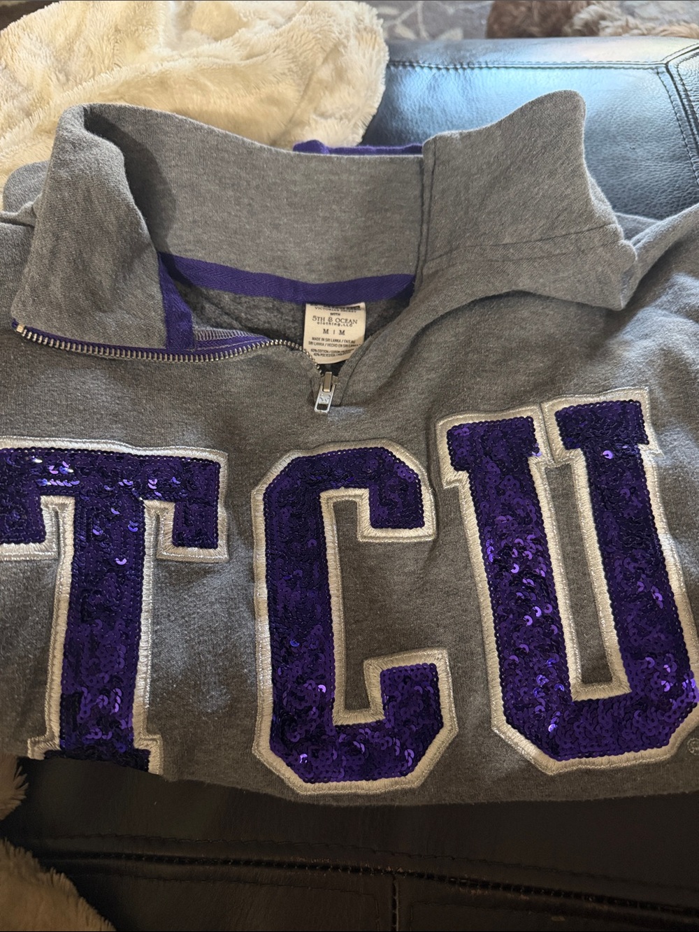 PINK Victoria's Secret Grey Pullover with Purple Sequin Logo